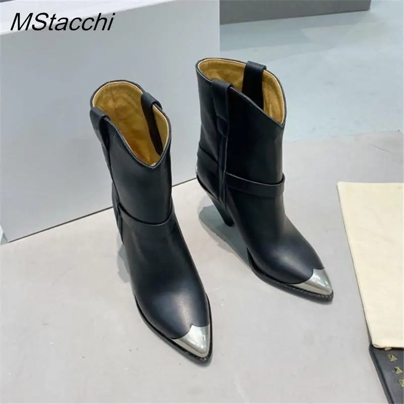 Metal Toe Women's Knight Boots Elegant Genuine Suede Leather Short Boots Ladies Strange Heel Shoes Women Slip-on Mid-calf Boots black Leather