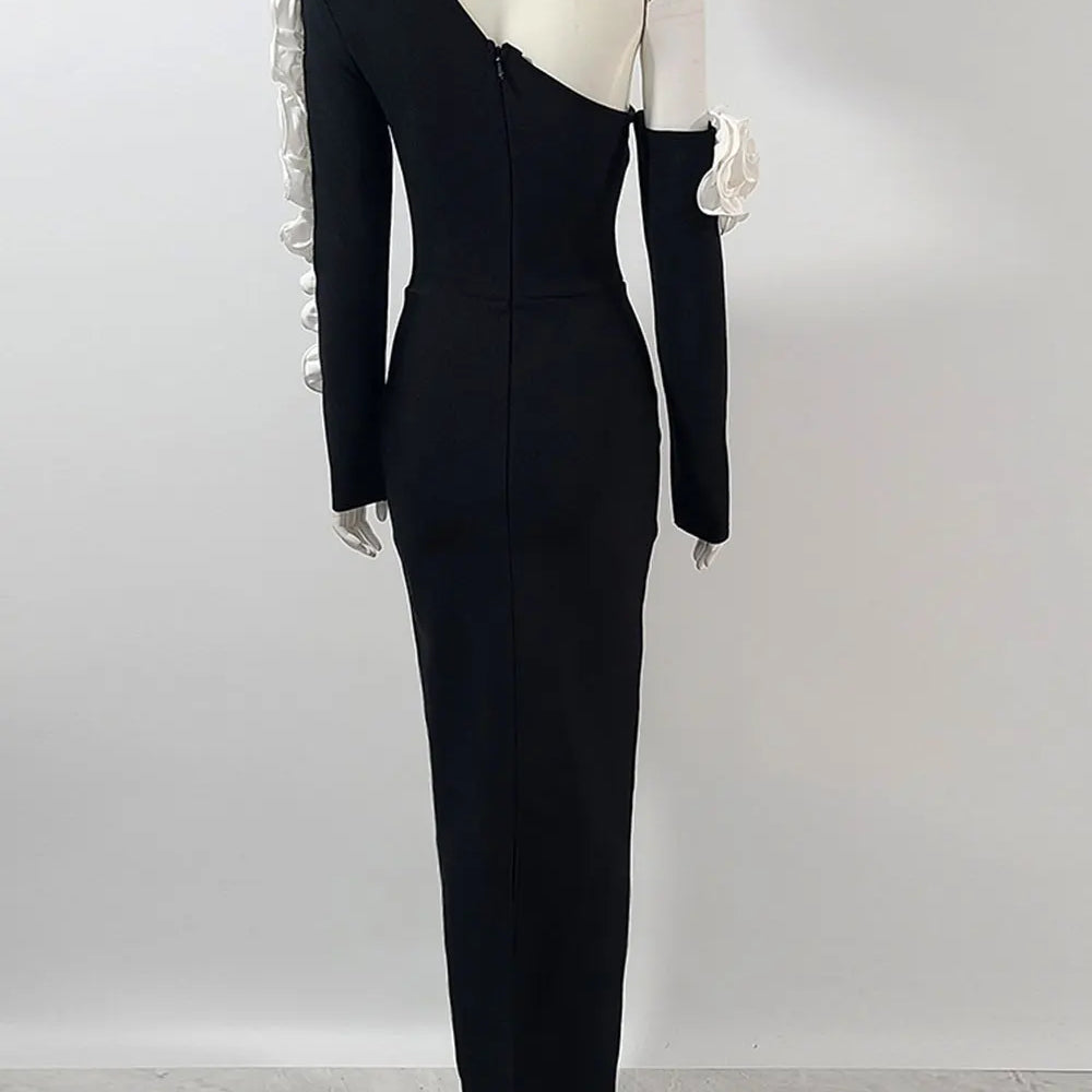 2025 Sexy Women's 3D Flower Decorative Bandage Dress with Diagonal Collar Long Sleeve Bodycon Split Length Dress Party Vestidos