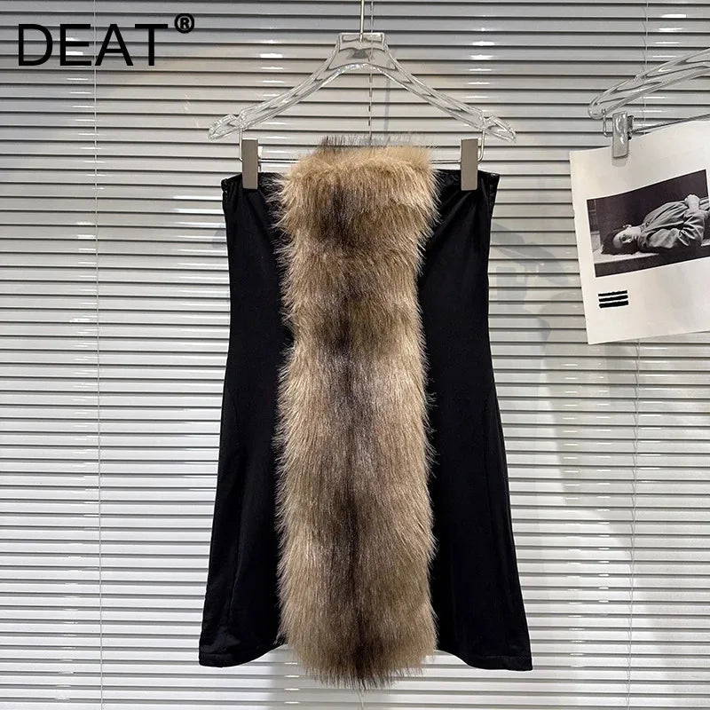 Winter New Fashion Furry Patchwork PU Leather Zipper Strapless Dress For Women Evening Party Backless Dresses 11A07577