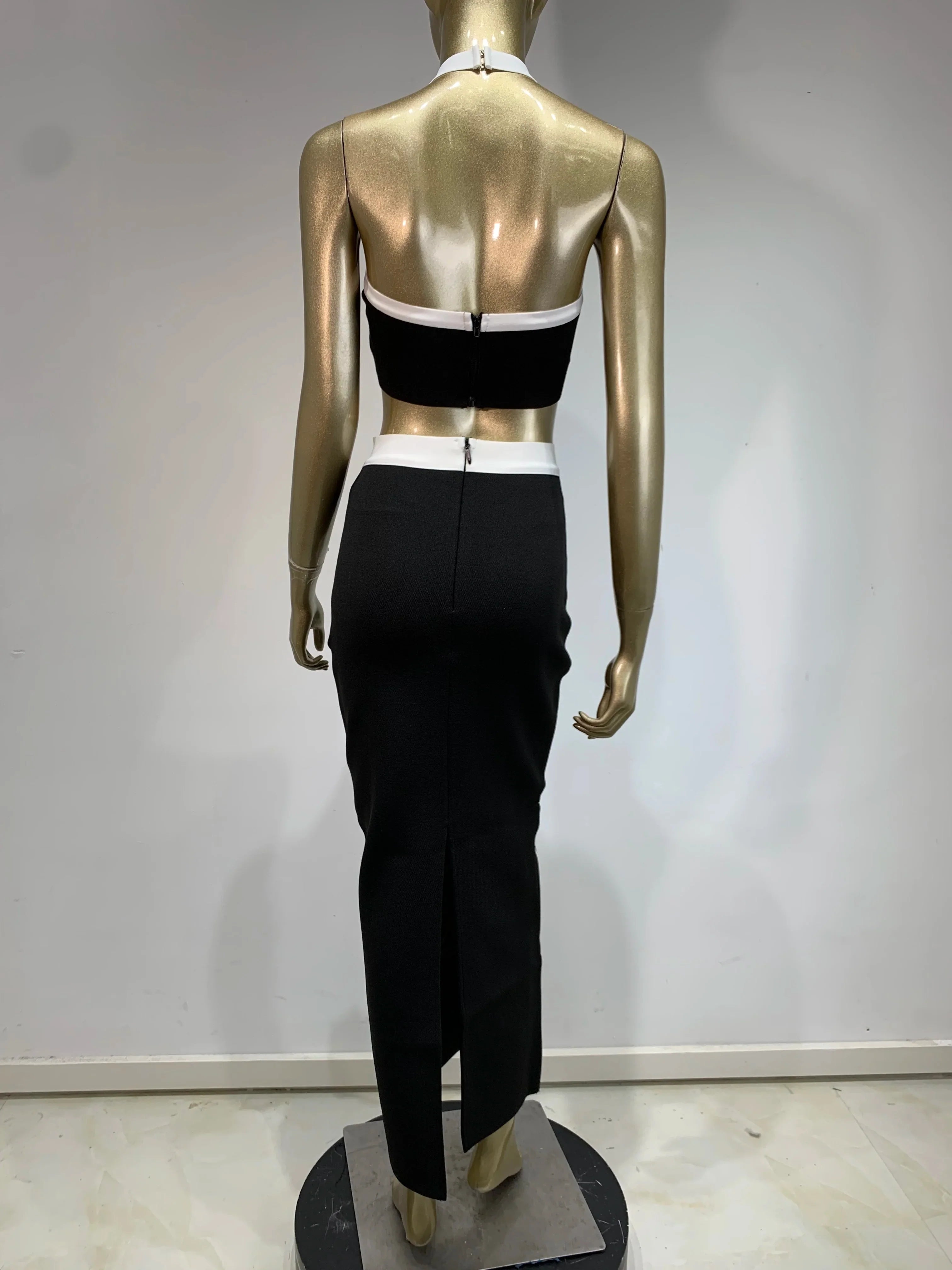 Women Summer Sexy Backless Halter Rose Jacquard Black Two Pieces Skirt Bandage Set Celebrity Designer Fashion Women's Set