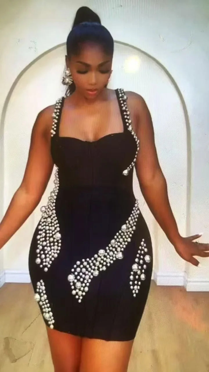 Women Sleeveless Sexy Square Collar Beading Bodycon Mini Bandage Dress Nightclub Party Celebrate Birthday Outfit Vestido Silver