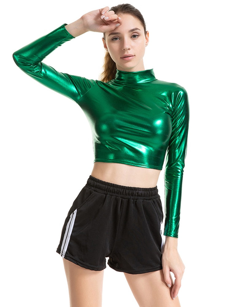 PU ショートトップ女性光沢のあるレザートップハイストリートタートルネックダンスクラブウェア長袖トップスゴールドシルバー衣装 Tシャツ