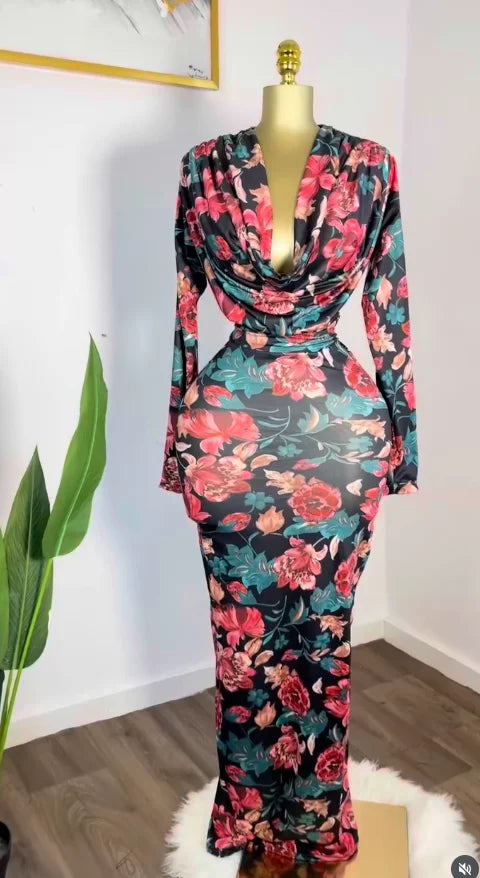 Women Rose Printed Long Sleeve Pile Neck Bodycon Midi Maxi Long Dress 2025 Summer Birthday Vacation Sexy Party Dresses black01