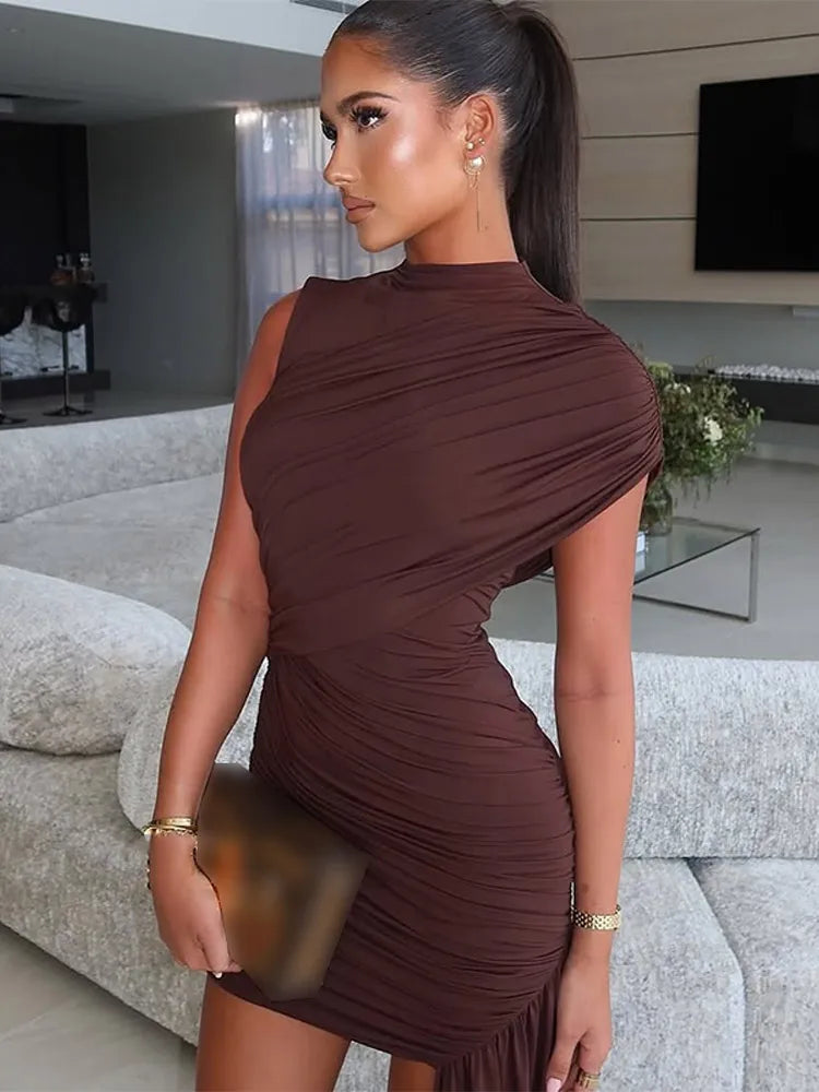 Brown Pleat Women Mini Vestidos Elegant Draped Ruched Turtleneck Sleeveless Slim Fit Dresses Summer Woman Club Party Short Dress Brown