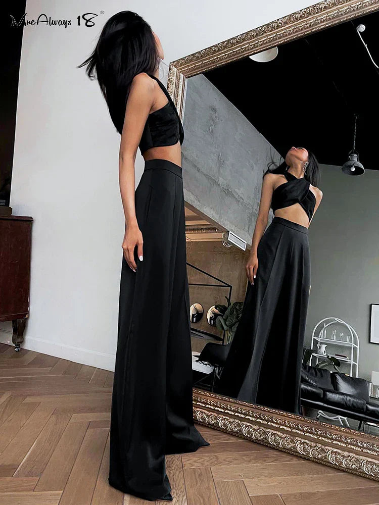 Mnealways18 Fashion Classy Women Palazzo Pants High Waist Floor-Length Satin Trousers Spring Summer High Street Baggy Pants