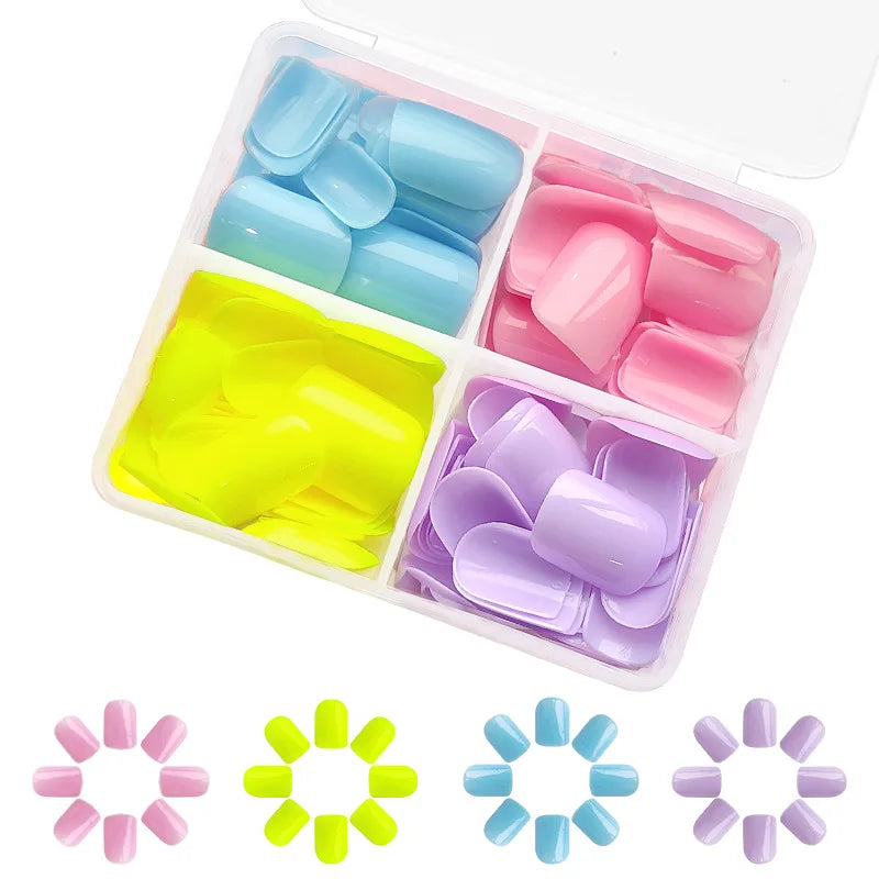 96pcs/set short square fake nails glossy summer 4 colors pink red purple green blue faux ongles press on charm false nail kit