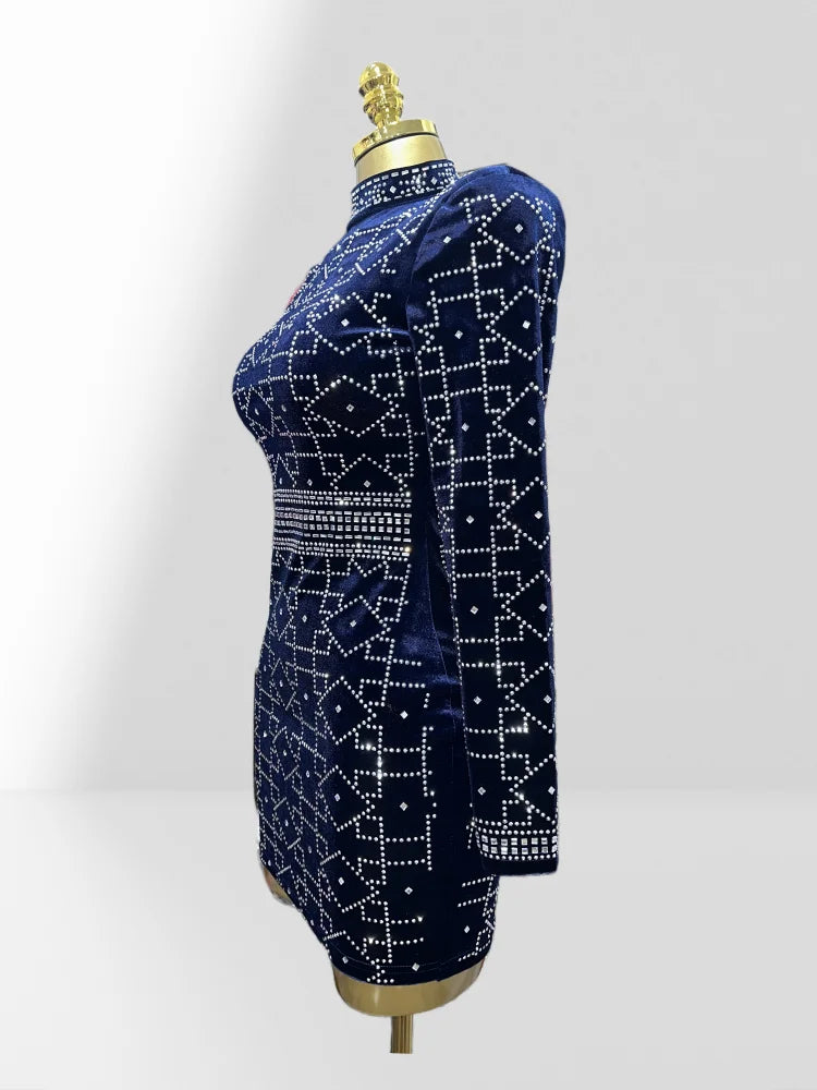 2025 New Dark Blue Velvet Luxury Diamonds O-neck Tuck Waist Mini Dress Fashion Woman Party Dress Celebration Birthday Vestido