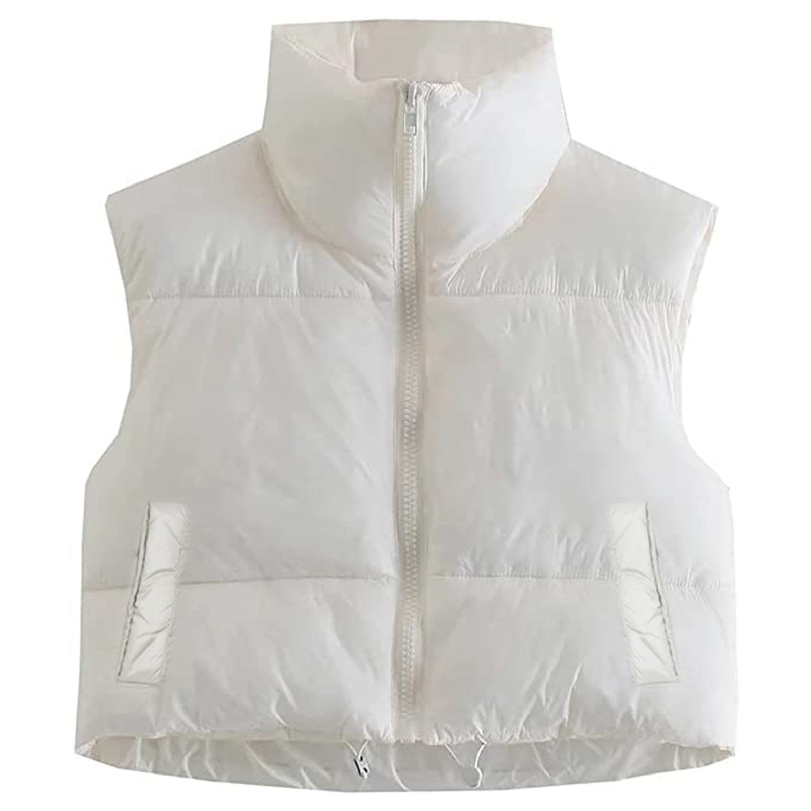 Women Winter Warm Crop Waistcoat, Sleeveless Stand Collar Double Sided Lightweight Puffer Vest White