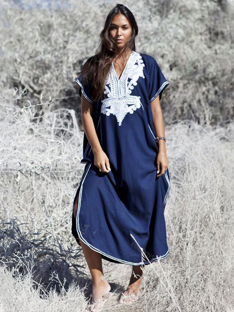 Vintage Embroidery Kaftan Sexy V-neck Batwing Sleeve High Waist Maxi Dress Tunic Women Clothing Summer Beach Dresses Q660 Dark Blue One Size