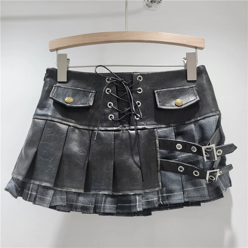 Spring New Fashion Fake Two-Piece PU Leather Patchwork Pleated Short Skirt For Women Side Zipper Skirts 11A07885 Black