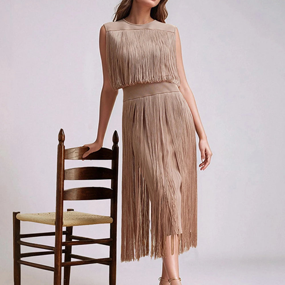 2025 New Tassel Patchwork Party Fashion Midi Dress Women Summer Sleeveless Solid High Street Ladies Vestidos