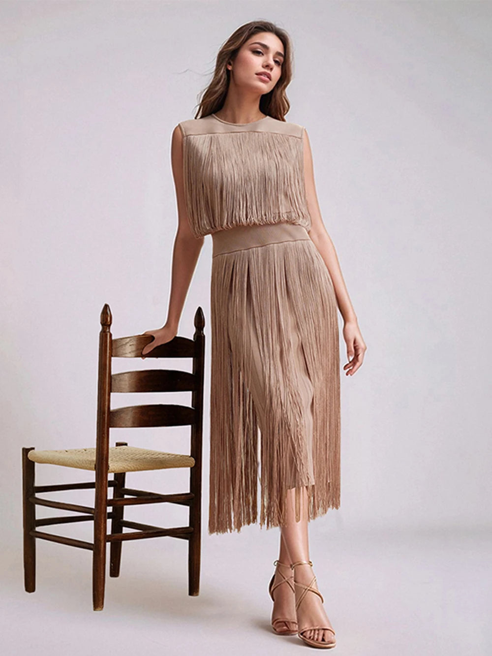 2025 New Tassel Patchwork Party Fashion Midi Dress Women Summer Sleeveless Solid High Street Ladies Vestidos