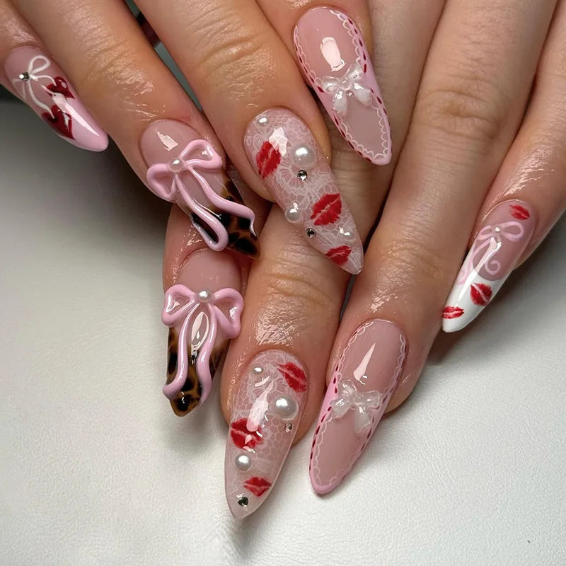 24pcs/30pcs/set Medium long 3D fake nails flowers golden foil bow rhinestones pink white summer nail tips press on false nails 2582