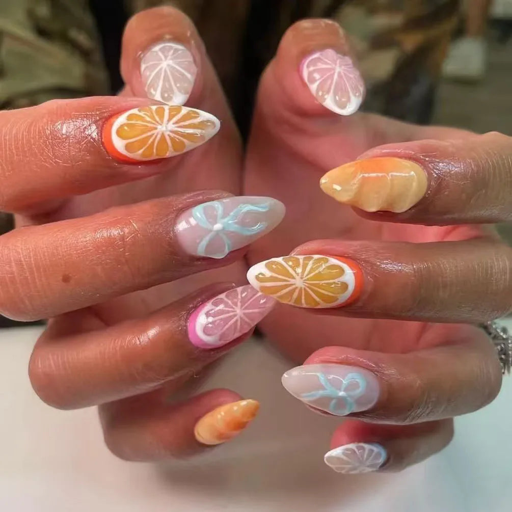 24Pcs Fresh Almond Press on Fake Nails with 3D Fruit Simple Lemon Orange Designs French Nail Wearable Full Cover False Nail Tips 1