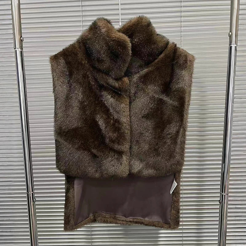 Autumn Winter Vintage Style Short Shawl Stand Collar Mink Fur Vest For Women Irregular Sleeveless Coat Female 11A07635