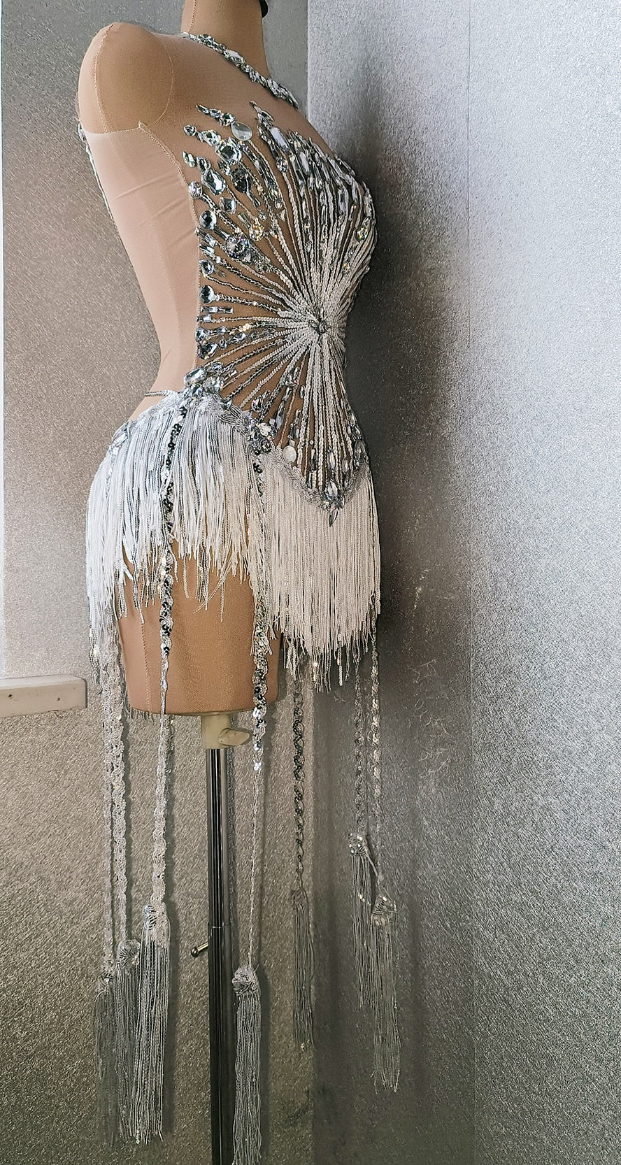 Body Sexy en cristal strass pour femmes, grand pompon extensible, Costume de bal Drag Queen DS, chanteur de scène, danse, justaucorps à franges