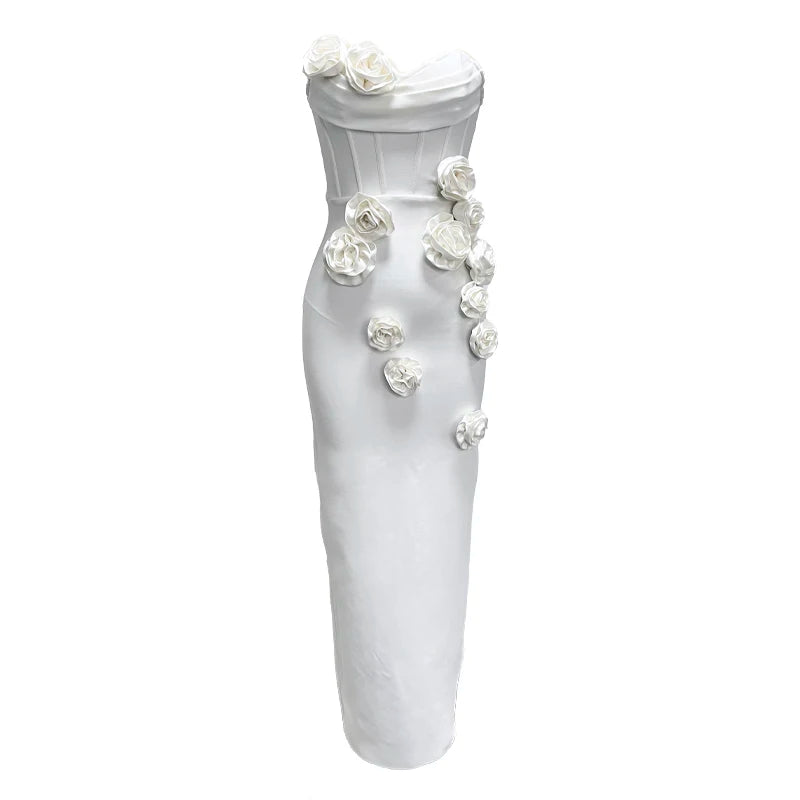 White Color Women Sexy Florals Strapless Bodycon Mid-calf Bandage Dress Celebrate Vacation Birthday Party Dress
