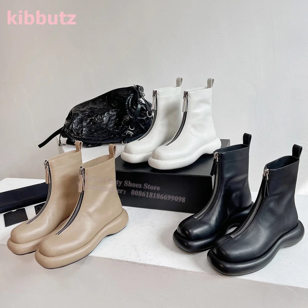 Thick Bottom Front Zipper Ankle Boots Height Increasing Round Toe Solid Genuine Leather Fashion Elegant British Style Women Shoe