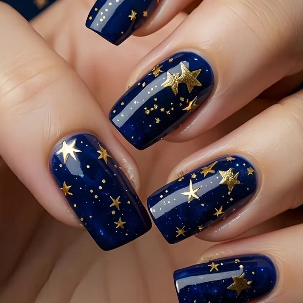 Shiny Blue Fake Nails 24Pcs Short Square Press On Nails Sparkly Gold Star Designs Reusable Acrylic False Nails Tips for Woman Y8