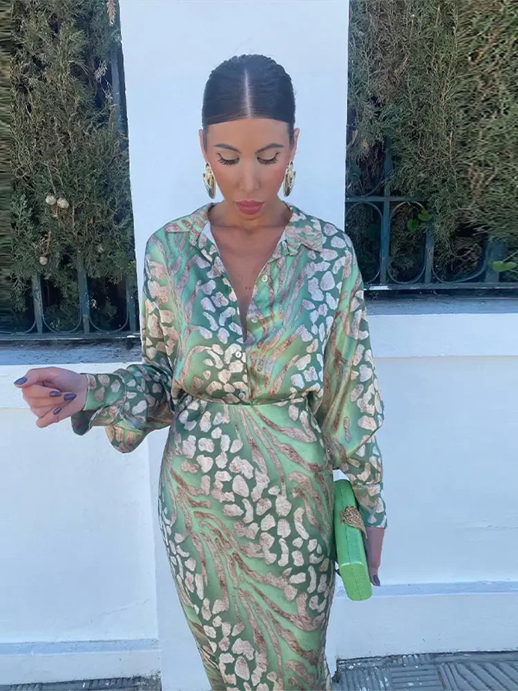 Elegant Printed Shirts Skirts For Women Fashion Lapel Sleeves High Waist 2-piece Suits Summer Lady High Streetwears Green sets
