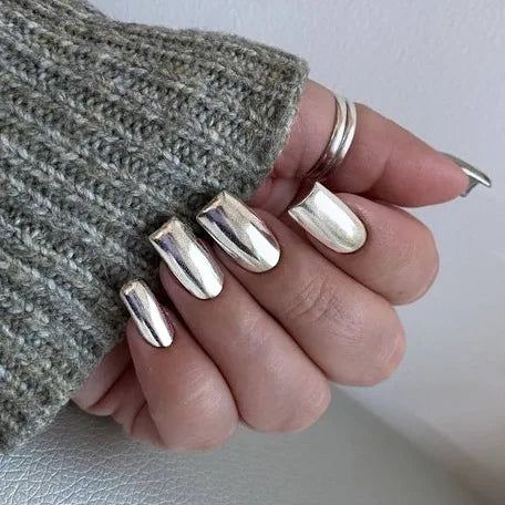 24pcs/set short fake nails metallic red black rose green blue silver golden square tips mirror effect press on false nail art Silver