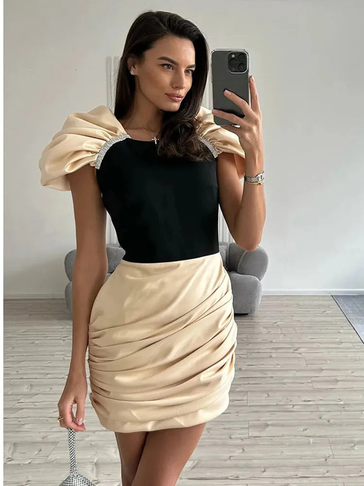 Women Summer Celebrity Sexy Diamonds Patchwork Ruched Mini Gowns Dress 2025 Elegant Evening Party Club Vestido