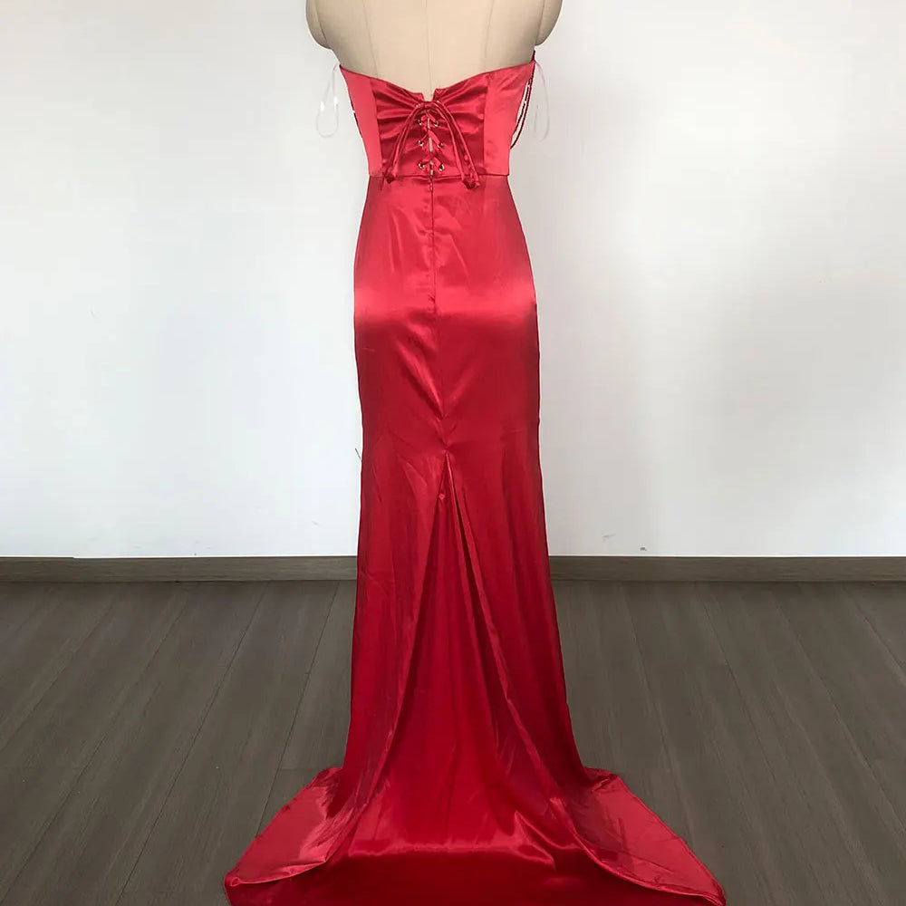 2025 Sexy Women'S Light Luxury Nail Bead Design Tailcoat And Floor Dress Strapless Sleeveless Bodycon Backless Marx Red Dresses