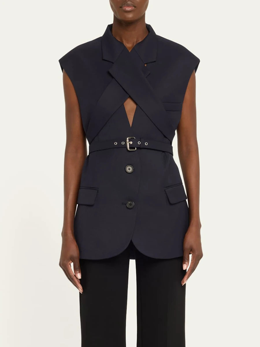 Solid Slimming Spliced Single Breasted Coat for Women Lapel Long Sleeves Patchwork Lace Up Top Female Clothing New