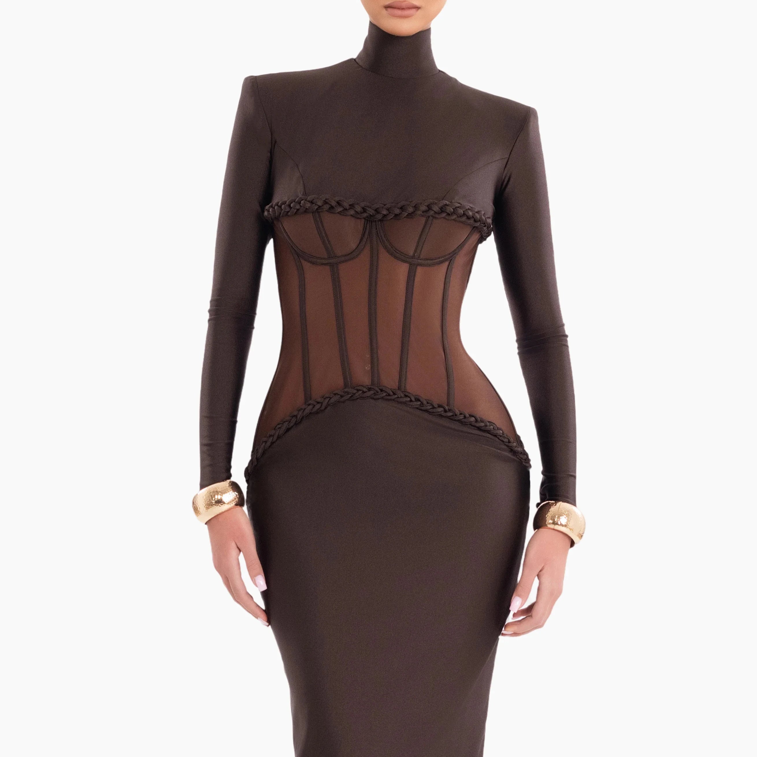 Sophisticated Brown High-Neck Long Sleeves Dress with Sheer Mesh Corset Accent for Party Evening Gown