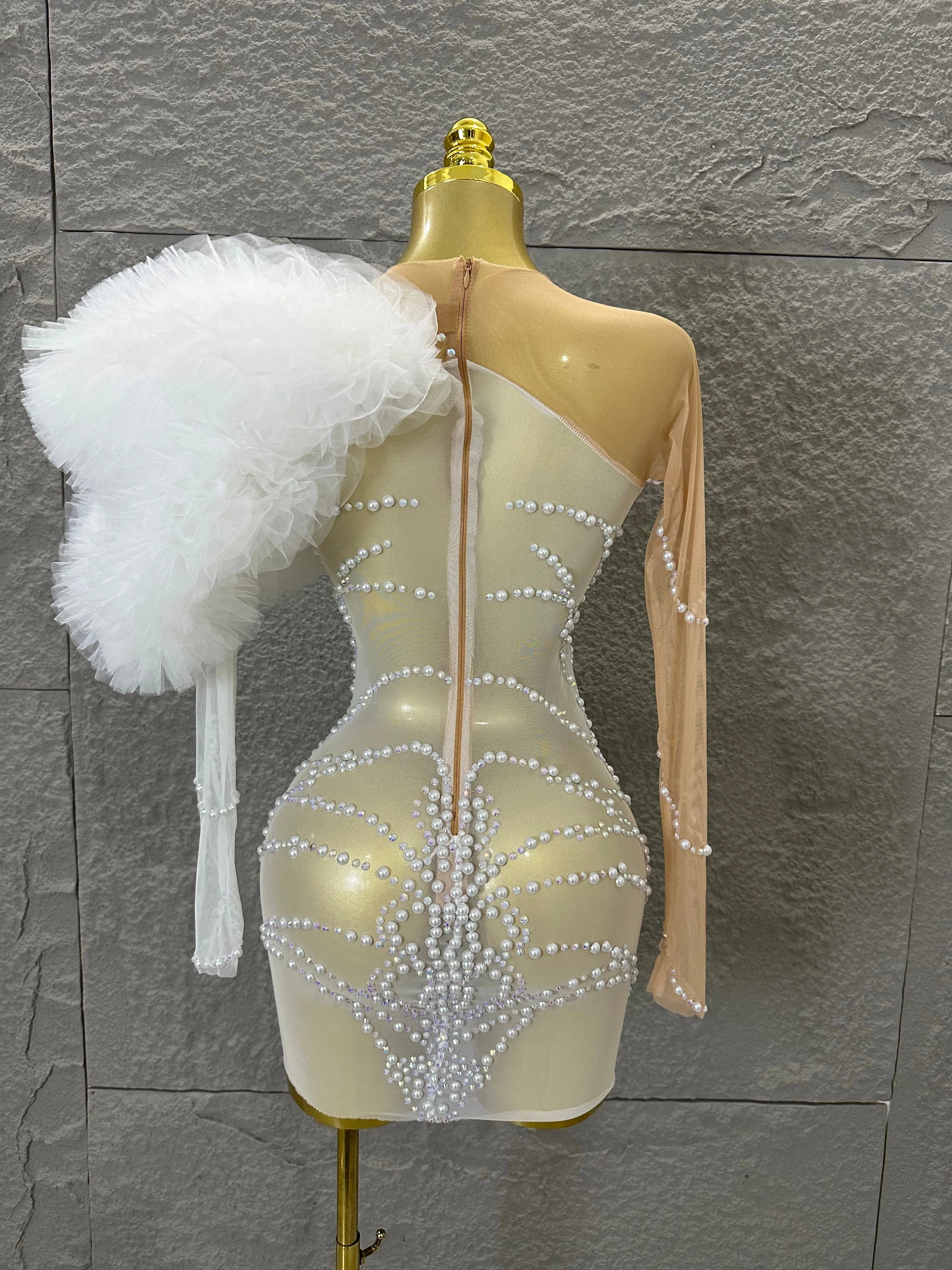 Luxurious Nude Sheer Mesh Mini Dress Women One-Shoulder Pearl Beaded Ruffle Tulle Bodycon Evening Costume