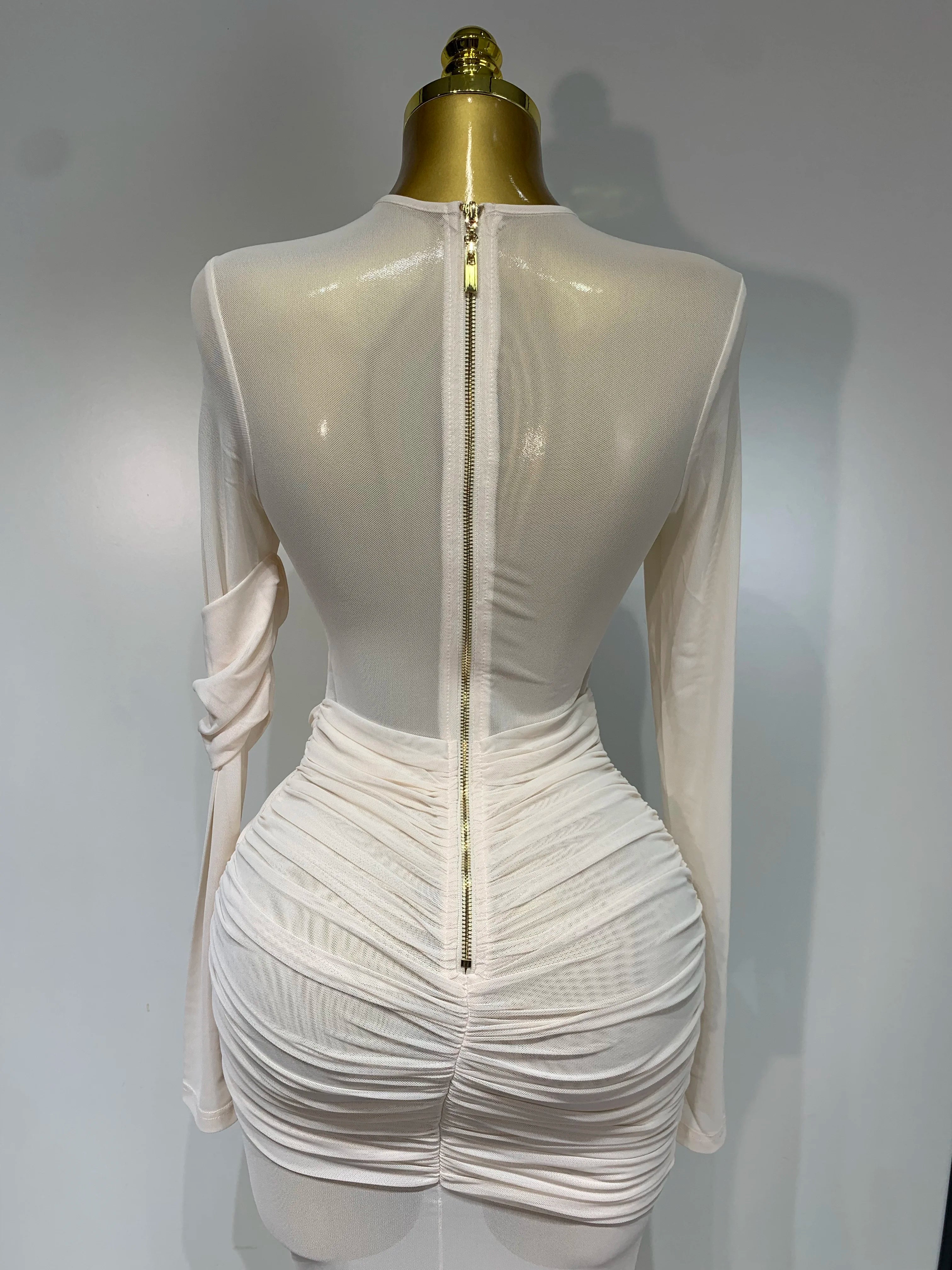 Elegant Mesh Fold Long Sleeve Bodycon Dress Women 2025 Evening Party Club Sexy Perspective Fashion Luxury Birthday Dresses