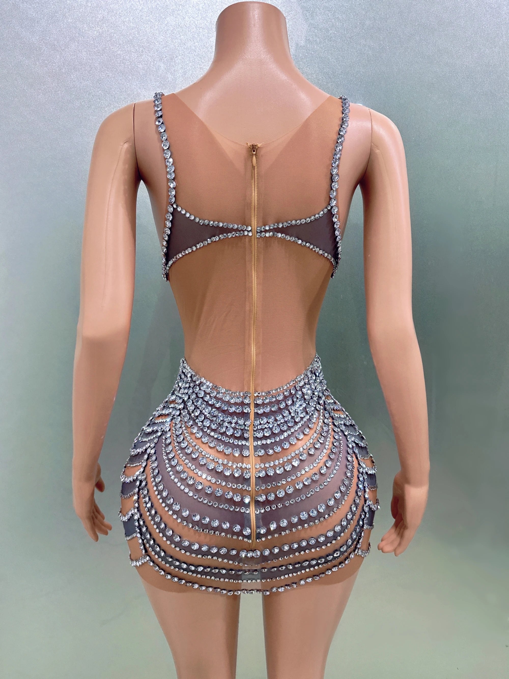 STOCK Women Sleeveless Sexy O-Neck Bodycon Mini Mesh Crystal Dress Celebrate Nightclub Party Bar Singer Performance Costume