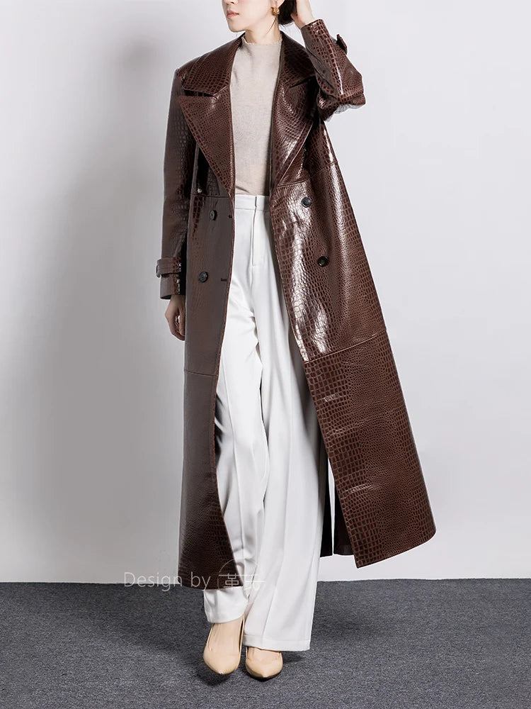 Lautaro Spring Autumn Long Shiny Reflective Crocodile Print Patent Faux Leather Trench Coat for Women Luxury Designer Clothes Coffee