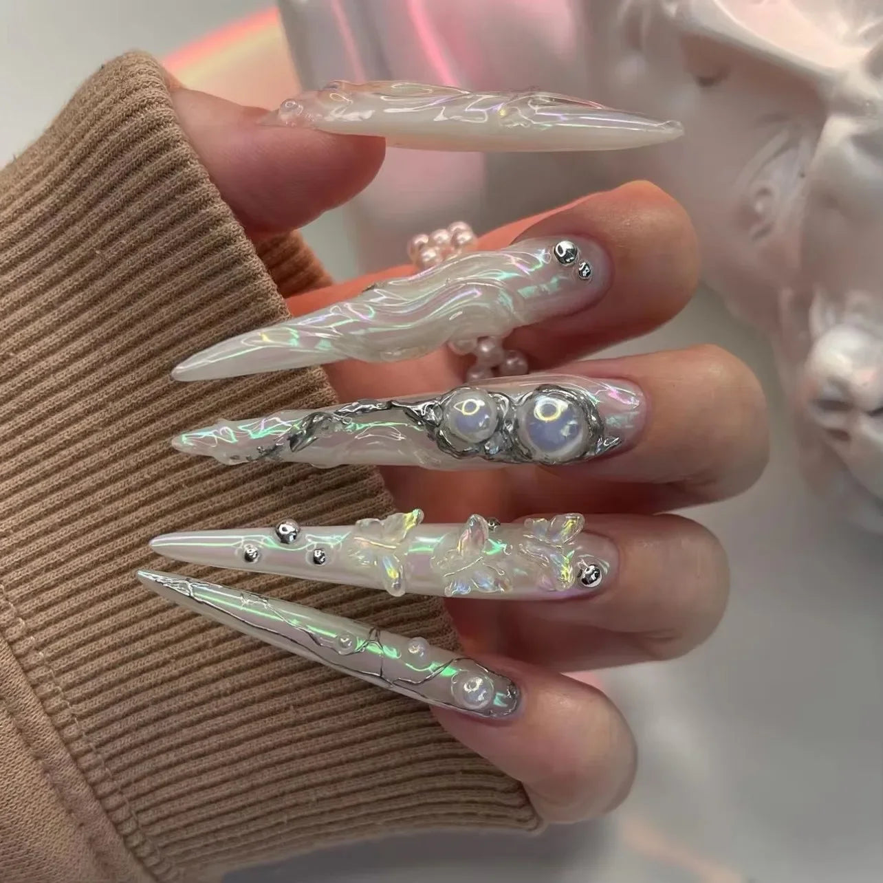 Exaggerate Punk Extra Long Pointed Fake Nails Art Dark Y2K Black Spider Centipede Rhinestone False Nail Press on Nails Manicure