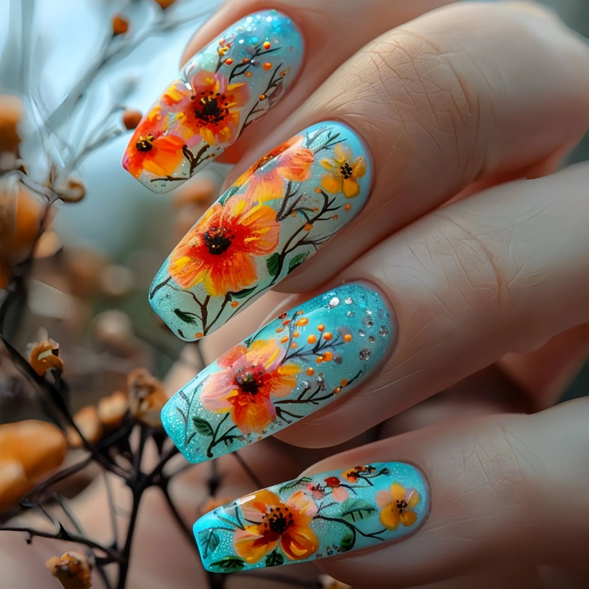 24pcs/set short medium long fake nails Spring flowers flora for St. Patrick's Day faux ongles press on acrylic false nail art 1797