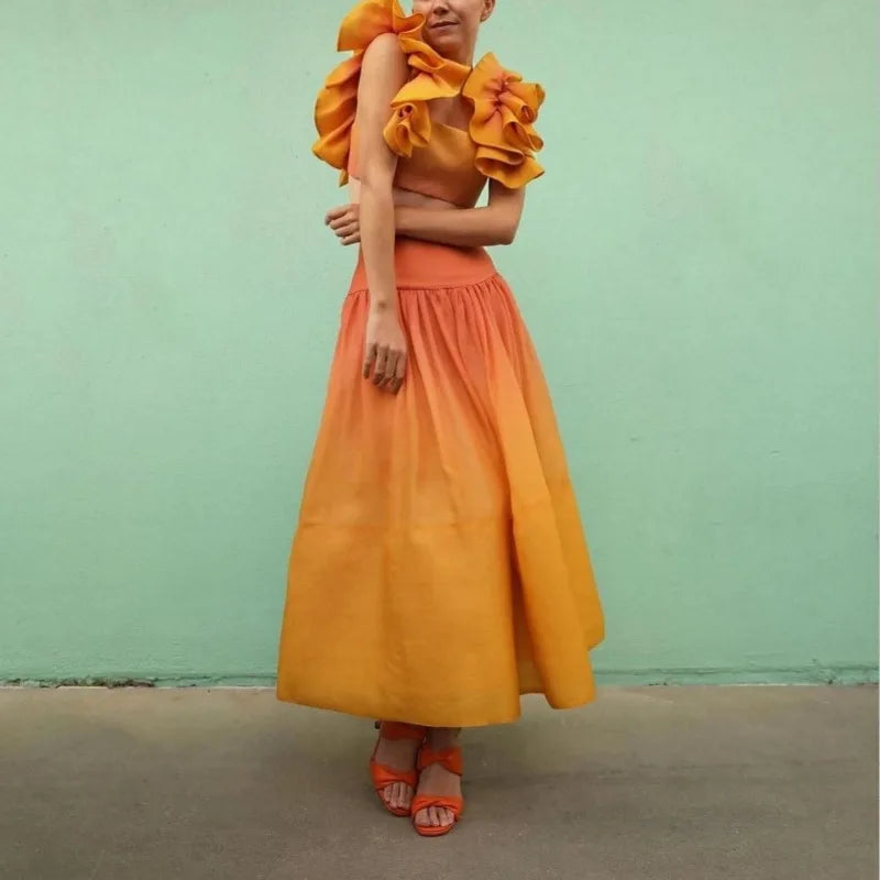 Elegant Women Two Piece Set Y2K Outfits Sexy Ruffle Crop Top Shirt High Waist Colorful Long Skirt Suit Vacation Boho Clothes Set