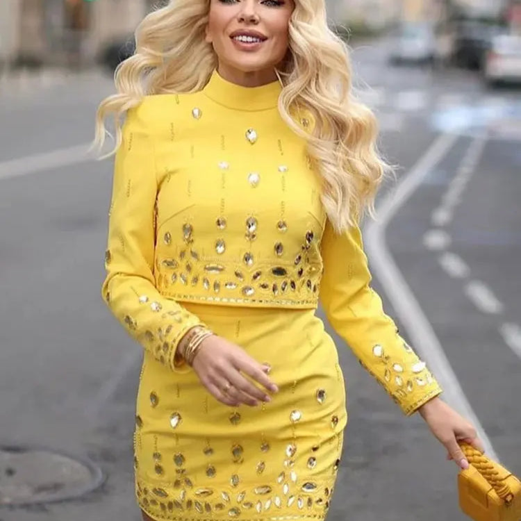 2024 Heavy Industry Nail Bead Inlaid Diamond Short Skirt Set O-neck Long Sleeve Slim Fit Short Top+Nail Bead Skirt Two Piece Set