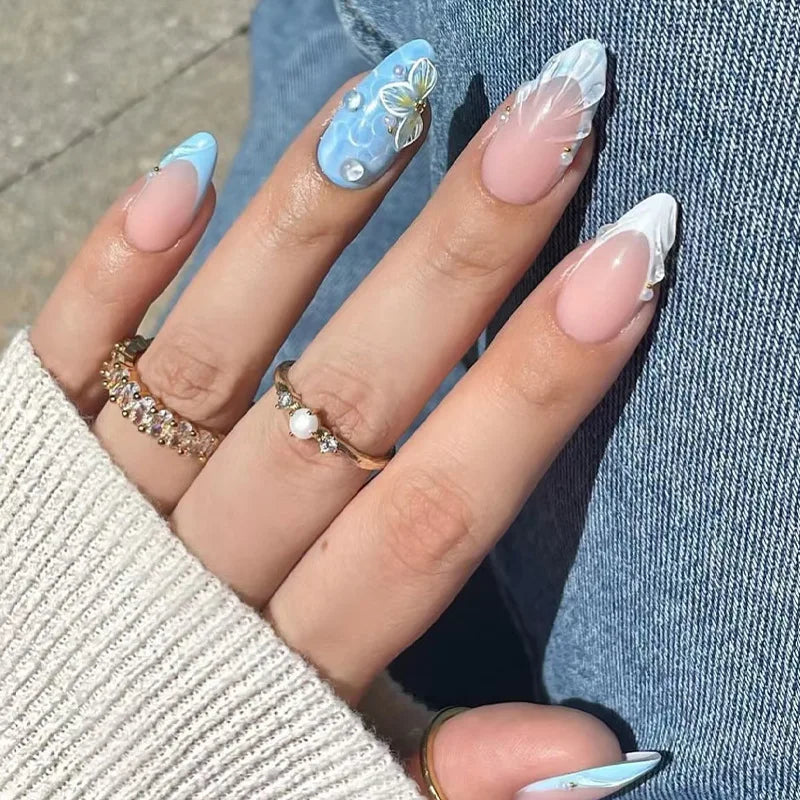 24Pcs 3D Shell Pattern Press on False Nails with Green Camellia Design Short Round Head Wearable Almond French Fake Nail Set 896
