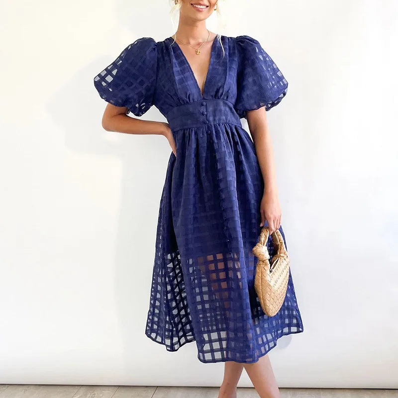 Summer Multicolor Lantern Short Sleeve Long Dress Elegant Ladies Solid V Neck Big Hem Dress Fashion Mesh Plaid High Waist Dress DEEP BLUE