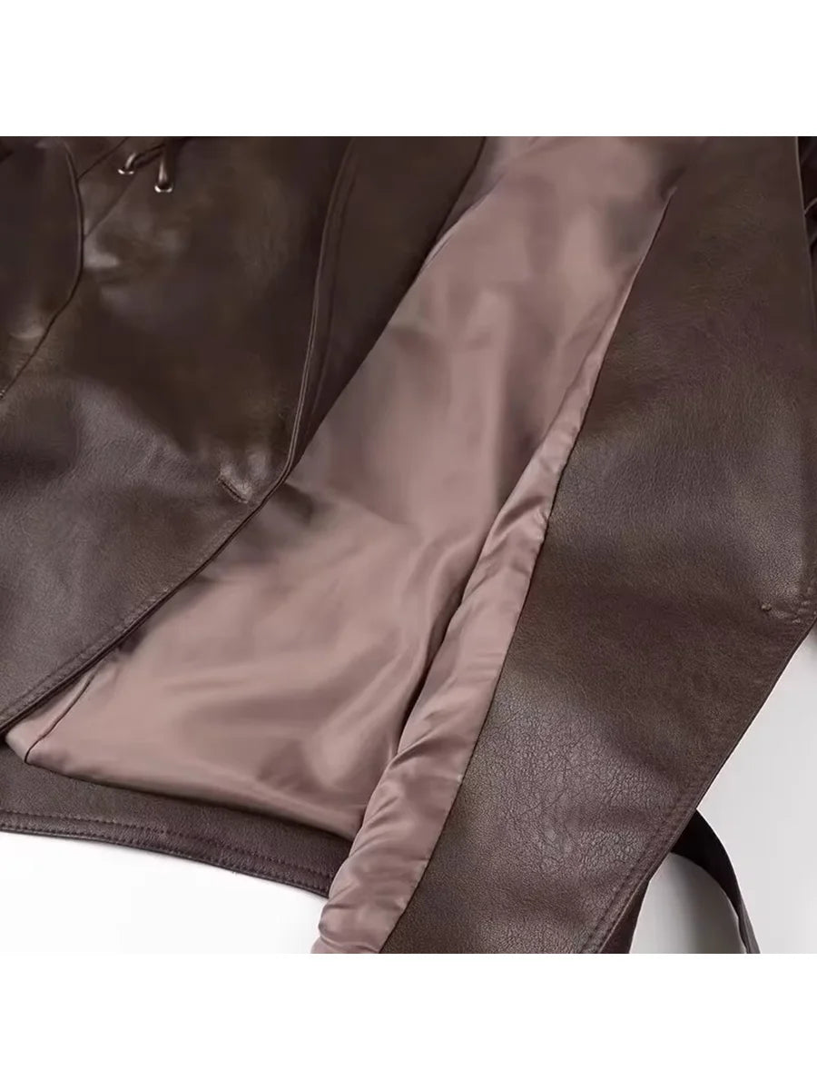 Lautaro Spring Distressed Brown Short Asymmetrical Pu Leather Jacket Blazer Women Retro Vintage Fashion Luxury Designer Clothes
