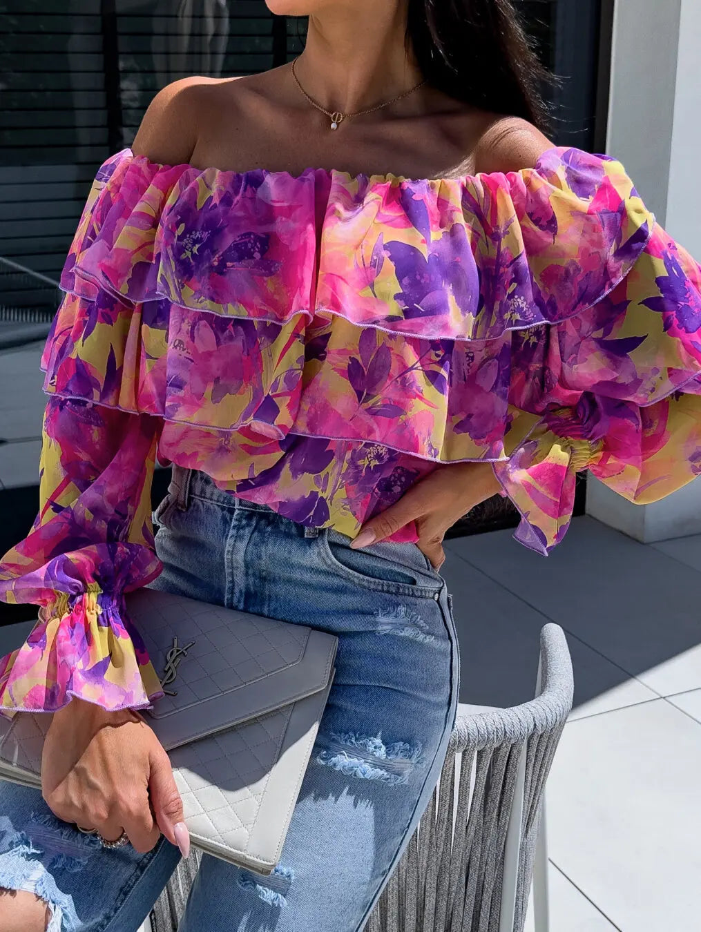 Summer Fashion Off Shoulder Printed Chiffon B LouseWomen Sexy Beach Style Slash Neck Ruffle Chiffon Blouse Women Purple