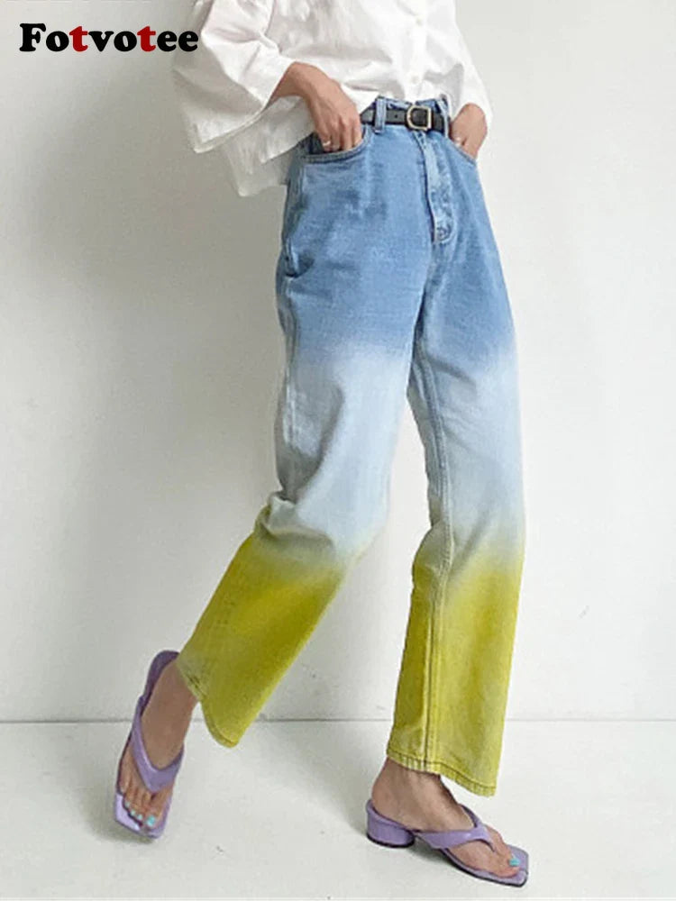Fotvotee Jeans for Women Casual Gradient Denim Pants New Fashion High Waist Pockets Harem Pants Streetwear Ladies Y2k Jeans
