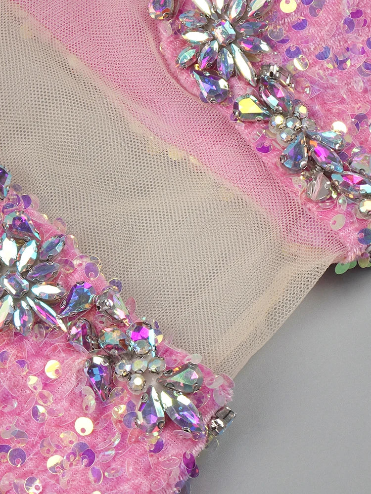 Pink Sparkly Sequins Long Dress Beaded Crystal Feather Embellished High Slit Straight Floor-length Prom Evening Gown Vestidos