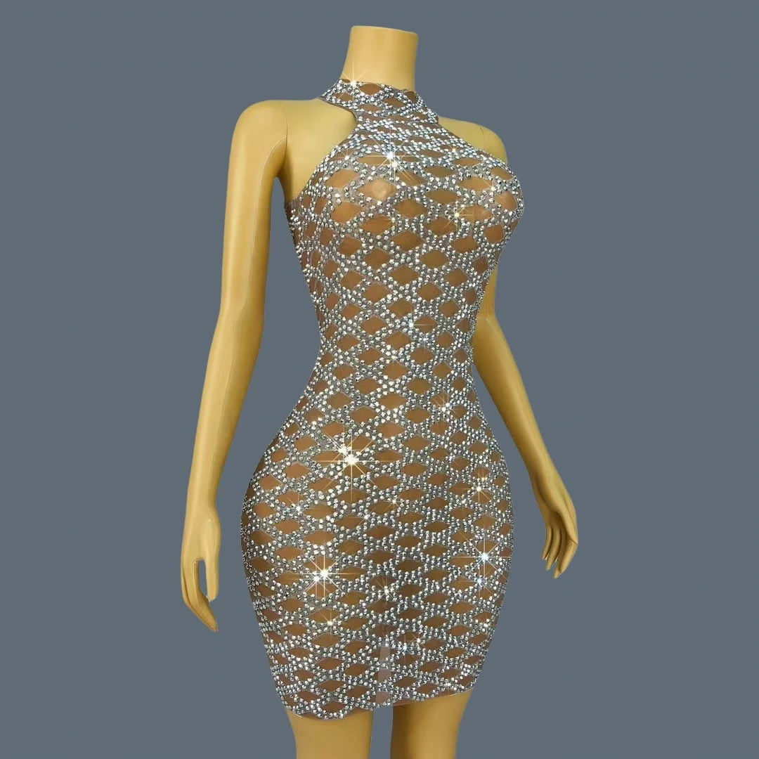 Women High-end Silver Crystals Mini Dress Sparkly Chic Ball Dress Sheer Mesh Sleeveless Birthday Party Sexy Dress linggejiaodian