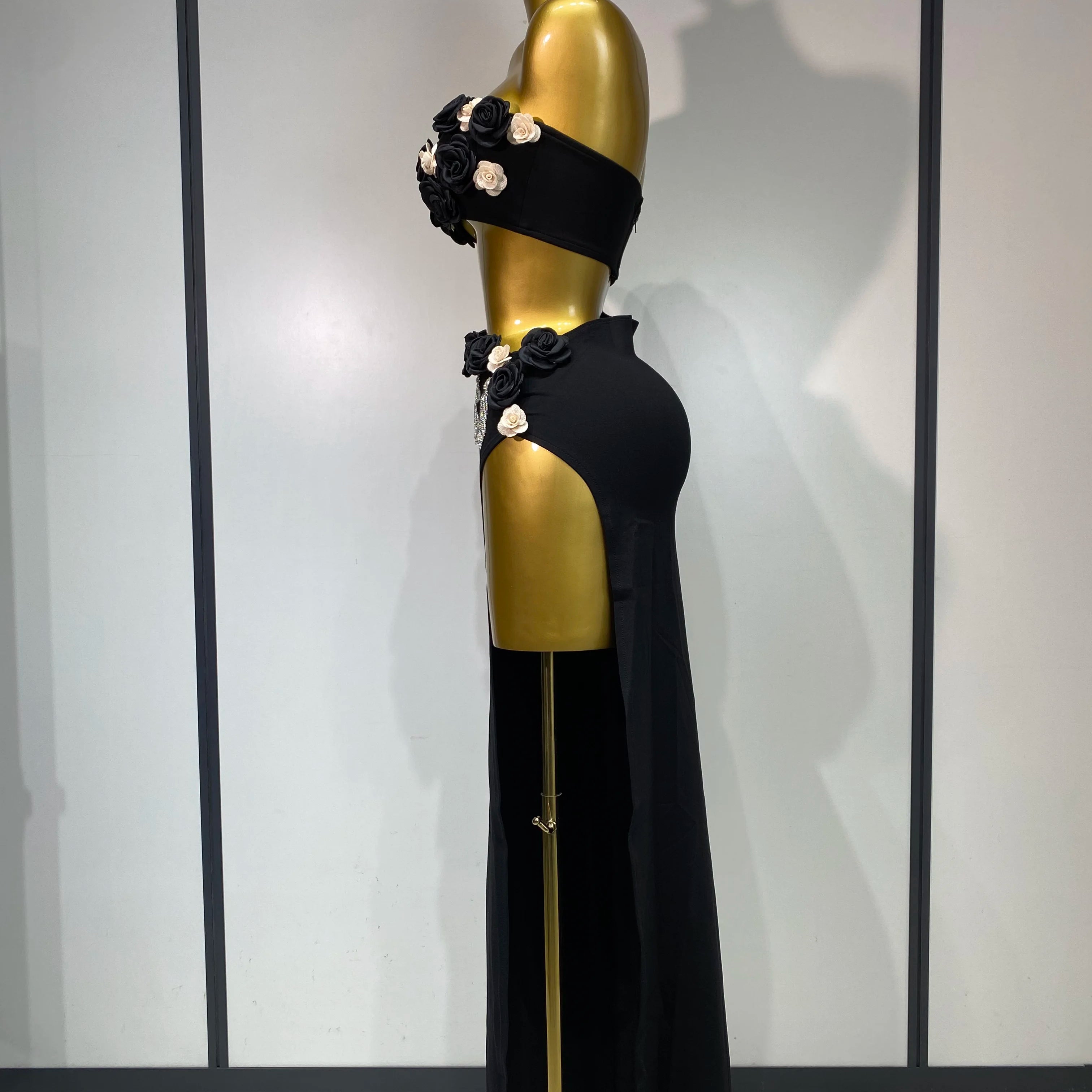 Women Sexy Flower Strapless Top High Slit Long Skirt Elegant Evening Party Two Piece Set Luxury Birthday Club Gown