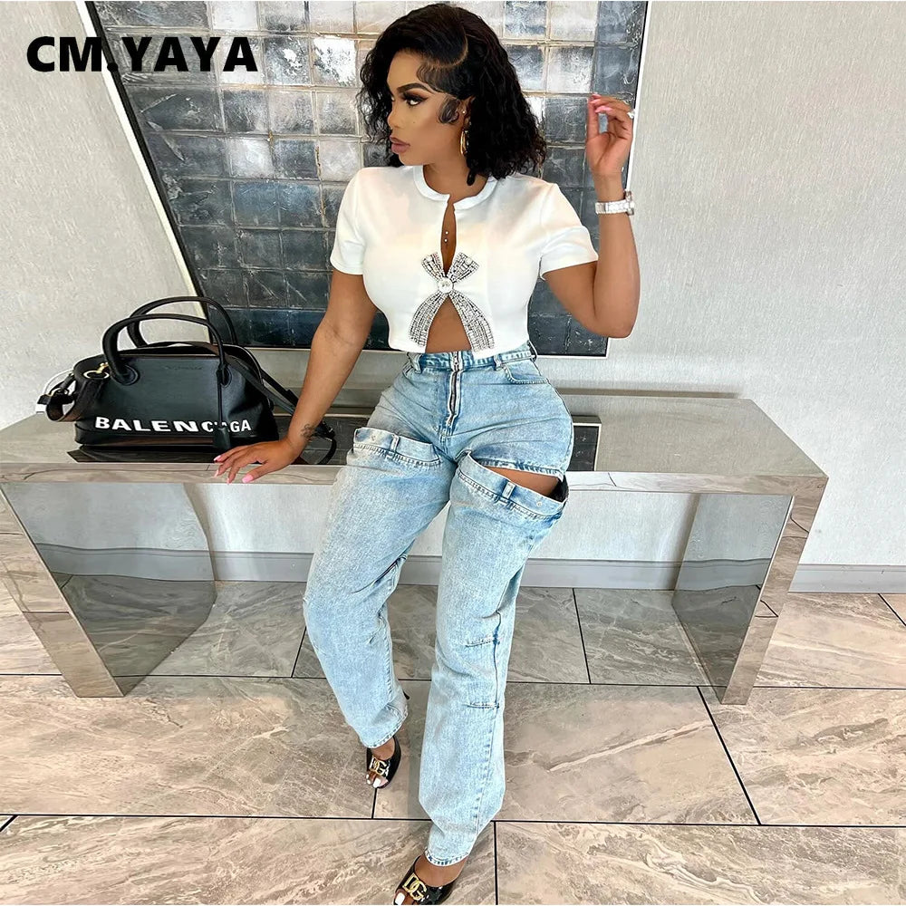 Women Fashion Diamonds Hot Rhinestones Bowknot Short Sleeve T-shirt Streetwear Elastic INS Tee Tops