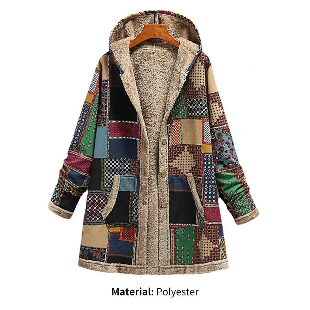 Print Casual Women Coat Vintage Hooded Overcoat Female Fashion Warm Long Sleeve Coats Ladies Plush Jacket Autumn Winter Green