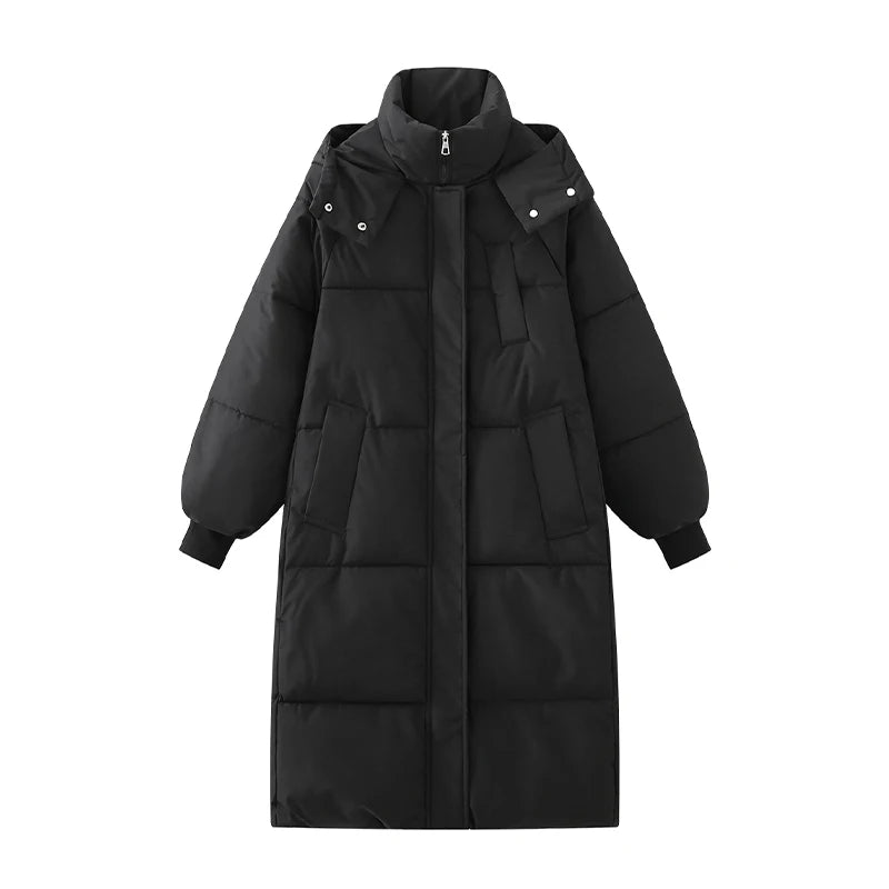 Women Zipper Button Pocket Casual Down Coat Thicken Warm Hooded Long Coat Office Coat Long Sleeve Parkas Autumn Winter BLACK