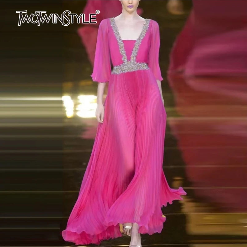 Solid Sheer Spliced Sequin Dresses for Women Square Neck Half Sleeves Patchwork Folds Elegant Dress Female Clothing