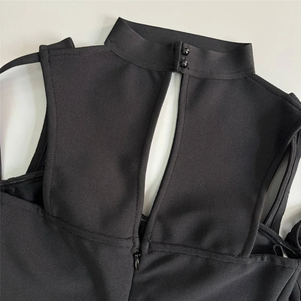 2025 Sexy Women's Light Luxury Nail Diamond Bandage Dress O-neck Long Sleeve Hollow Design Bodycon Midi Dress Party Vestidos